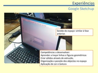 ExperiênciasAvatar StudioMetodologia: Exploração individual/grupoUtilização do computador em rotaçãoEquipamento localizado em espaço específicoPermitiu:Ampliação do leque de actividades na sala de aulaProporcionar mais tempo para exploração individual.Duas vias: Digital – criação de um avatar Papel – aplicação do cânone de proporções do rosto