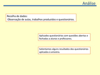 ExperiênciasSistema Solar VirtualAplicações utilizadas: DoGA L3 - modelos de navesBryce 5.5 – cenárioVivatyStudio - modelação 3D, animação, integração VRML/X3DAvatar Studio  - avatar personalizado. Forte envolvimento do grupo de alunos:Desenrolar das fases de pesquisa e criação.Desenvolvimento colaborativo das tarefas.Interacção online.