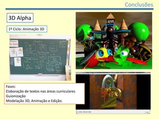 ConclusõesProjectos actuais e futuros:Projecto 3D Alpha (1º, 2º e 3º Ciclos): utilização de 3D e VRML/X3D em projectos interdisciplinares.http://mvx3d.blogspot.com/http://3dalpha.blogspot.com/http://evtdigital.blogspot.com/Projectos Odisseia 3 e BabelX3D, No caminho da Educação online e da Web em 3D (UIED – fct.unl)EVT Digital: colaboração em tese de doutoramento focalizada na aplicação de ferramentas 3D e VRML/X3D na área disciplinar.Mundos virtuais temáticos: Pré-História (Universidade de Bari).