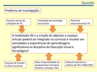 QuestãoProblema de Investigação:Introdução de tecnologia nas EscolasDesafios sociais da utilização de TICPotencial educacional das TICA modelação 3D e a criação de objectos e espaços virtuais poderá ser integrada no currículo e resultar em actividades e experiências de aprendizagens significativas na disciplina de Educação Visual e Tecnológica? Maior disponibilidade de equipamentos (iniciativa Portáteis, eEscolas, PTE)Potencial educativo e artístico do 3D e VRML/X3DEscassez de Estudos na Área Curricular
