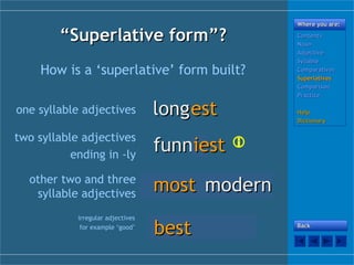 yy
““SuperlativeSuperlative form”?form”?
How is a ‘superlative’ form built?
longlongestestone syllable adjectives
two syllable adjectives
ending in -ly
funnfunn
other two and three
syllable adjectives
irregular adjectives
for example ‘good’
Where you are:Where you are:
ContentsContents
NounNoun
AdjectiveAdjective
SyllableSyllable
ComparativesComparatives
SuperlativesSuperlatives
ComparisonComparison
PracticePractice
HelpHelp
DictionaryDictionary
BackBack
iestiest 
modernmodernmodernmodernmostmost
goodgoodbestbest
 