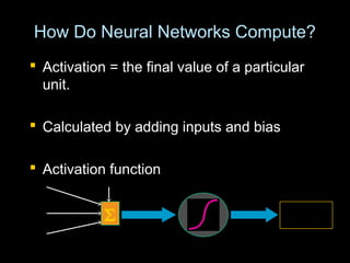 How Do Neural Networks Compute?How Do Neural Networks Compute?
 Activation = the final value of a particularActivation = the final value of a particular
unit.unit.
 Calculated by adding inputs and biasCalculated by adding inputs and bias
 Activation functionActivation function
Bias
Activation
Function
Final
ActivationΣ
Net Input
W1
W2
W3
 