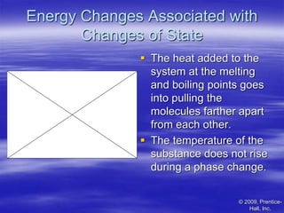 Energy Changes Associated with
Changes of State
 The heat added to the
system at the melting
and boiling points goes
into pulling the
molecules farther apart
from each other.
 The temperature of the
substance does not rise
during a phase change.
© 2009, Prentice-
Hall, Inc.
 