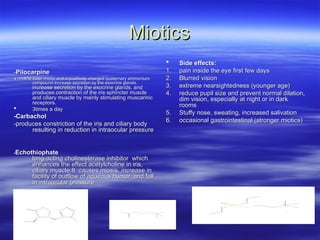 Miotics
Miotics
-
-Pilocarpine
Pilocarpine
a choline ester miotic and a positively charged quaternary ammonium
a choline ester miotic and a positively charged quaternary ammonium
compound.Increase secretion by the exocrine glands.
compound.Increase secretion by the exocrine glands.
increase secretion by the exocrine glands, and
increase secretion by the exocrine glands, and
produces contraction of the iris sphincter muscle
produces contraction of the iris sphincter muscle
and ciliary muscle by mainly stimulating muscarinic
and ciliary muscle by mainly stimulating muscarinic
receptors.
receptors.
 3times a day
3times a day
-Carbachol
-Carbachol
-produces constriction of the iris and ciliary body
-produces constriction of the iris and ciliary body
resulting in reduction in intraocular pressure
resulting in reduction in intraocular pressure
-
-Echothiophate
Echothiophate
long-acting cholinesterase inhibitor which
long-acting cholinesterase inhibitor which
enhances the effect acetylcholine in iris,
enhances the effect acetylcholine in iris,
ciliary muscle.It causes miosis, increase in
ciliary muscle.It causes miosis, increase in
facility of outflow of aqueous humor, and fall
facility of outflow of aqueous humor, and fall
in intraocular pressure
in intraocular pressure
 Side effects:
Side effects:
1.
1. pain inside the eye first few days
pain inside the eye first few days
2.
2. Blurred vision
Blurred vision
3.
3. extreme nearsightedness (younger age)
extreme nearsightedness (younger age)
4.
4. reduce pupil size and prevent normal dilation,
reduce pupil size and prevent normal dilation,
dim vision, especially at night or in dark
dim vision, especially at night or in dark
rooms
rooms
5.
5. Stuffy nose, sweating, increased salivation
Stuffy nose, sweating, increased salivation
6.
6. occasional gastrointestinal (stronger miotics)
occasional gastrointestinal (stronger miotics)
 