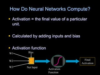How Do Neural Networks Compute?
 Activation = the final value of a particular
unit.
 Calculated by adding inputs and bia...