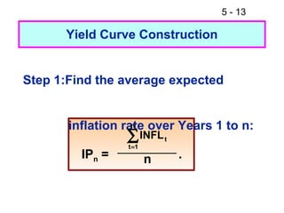 5 - 13

      Yield Curve Construction


Step 1:Find the average expected


       inflation rate over Years 1 to n:
                   n

                 ∑ INFL
                 t =1
                            t

         IPn =          n       .
 