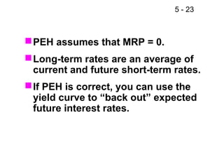 5 - 23



 PEH assumes that MRP = 0.
 Long-term rates are an average of
  current and future short-term rates.
 If PEH is correct, you can use the
  yield curve to “back out” expected
  future interest rates.
 