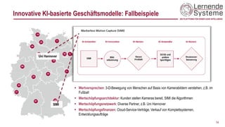 Innovative KI-basierte Geschäftsmodelle: Fallbeispiele
14
▪ Wertversprechen: 3-D-Bewegung von Menschen auf Basis von Kamerabildern verstehen, z.B. im
Fußball
▪ Wertschöpfungsarchitektur: Kunden stellen Kameras bereit, SIMI die Algorithmen
▪ Wertschöpfungsnetzwerk: Diverse Partner, z.B. Uni Hannover
▪ Wertschöpfungsfinanzen: Cloud-Service-Verträge, Verkauf von Komplettsystemen,
Entwicklungsaufträge
Uni Hannover
SIMI
 