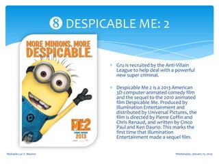 ❽ DESPICABLE ME: 2
Gru is recruited by the Anti-Villain
League to help deal with a powerful
new super criminal.
Despicable Me 2 is a 2013 American
3D computer-animated comedy film
and the sequel to the 2010 animated
film Despicable Me. Produced by
Illumination Entertainment and
distributed by Universal Pictures, the
film is directed by Pierre Coffin and
Chris Renaud, and written by Cinco
Paul and Ken Daurio. This marks the
first time that Illumination
Entertainment made a sequel film.
Mykaela Luz V. Maxino

Wednesday, January 15, 2014

 