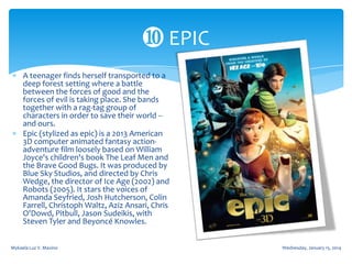 ❿ EPIC
A teenager finds herself transported to a
deep forest setting where a battle
between the forces of good and the
forces of evil is taking place. She bands
together with a rag-tag group of
characters in order to save their world -and ours.
Epic (stylized as epic) is a 2013 American
3D computer animated fantasy actionadventure film loosely based on William
Joyce's children's book The Leaf Men and
the Brave Good Bugs. It was produced by
Blue Sky Studios, and directed by Chris
Wedge, the director of Ice Age (2002) and
Robots (2005). It stars the voices of
Amanda Seyfried, Josh Hutcherson, Colin
Farrell, Christoph Waltz, Aziz Ansari, Chris
O'Dowd, Pitbull, Jason Sudeikis, with
Steven Tyler and Beyoncé Knowles.
Mykaela Luz V. Maxino

Wednesday, January 15, 2014

 