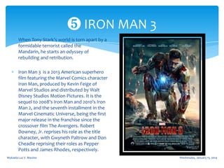 ❺ IRON MAN 3
When Tony Stark's world is torn apart by a
formidable terrorist called the
Mandarin, he starts an odyssey of
rebuilding and retribution.
Iron Man 3 is a 2013 American superhero
film featuring the Marvel Comics character
Iron Man, produced by Kevin Feige of
Marvel Studios and distributed by Walt
Disney Studios Motion Pictures. It is the
sequel to 2008's Iron Man and 2010's Iron
Man 2, and the seventh installment in the
Marvel Cinematic Universe, being the first
major release in the franchise since the
crossover film The Avengers. Robert
Downey, Jr. reprises his role as the title
character, with Gwyneth Paltrow and Don
Cheadle reprising their roles as Pepper
Potts and James Rhodes, respectively.
Mykaela Luz V. Maxino

Wednesday, January 15, 2014

 