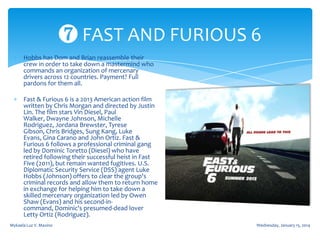 ❼ FAST AND FURIOUS 6
Hobbs has Dom and Brian reassemble their
crew in order to take down a mastermind who
commands an organization of mercenary
drivers across 12 countries. Payment? Full
pardons for them all.
Fast & Furious 6 is a 2013 American action film
written by Chris Morgan and directed by Justin
Lin. The film stars Vin Diesel, Paul
Walker, Dwayne Johnson, Michelle
Rodriguez, Jordana Brewster, Tyrese
Gibson, Chris Bridges, Sung Kang, Luke
Evans, Gina Carano and John Ortiz. Fast &
Furious 6 follows a professional criminal gang
led by Dominic Toretto (Diesel) who have
retired following their successful heist in Fast
Five (2011), but remain wanted fugitives. U.S.
Diplomatic Security Service (DSS) agent Luke
Hobbs (Johnson) offers to clear the group's
criminal records and allow them to return home
in exchange for helping him to take down a
skilled mercenary organization led by Owen
Shaw (Evans) and his second-incommand, Dominic's presumed-dead lover
Letty Ortiz (Rodriguez).
Mykaela Luz V. Maxino

Wednesday, January 15, 2014

 
