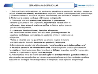 • 1. Dejar que los educandos expresen sus sentimientos y emociones y, como adulto, escuchar y expresar las
propias. El autoconocimiento y autoconciencia, capacidad de saber qué está pasando en nuestro cuerpo
y qué estamos sintiendo, son dos de los pilares fundamentales para desarrollar la Inteligencia Emocional
2. Mostrar que la persona con la que está tratando es importante.
3. Enseñar que en la vida no siempre se puede tener lo que queremos
4.Enseñar que cuando se tiene un problema, lo primero que hay que hacer es
reflexionar y luego actuar de una forma pacífica, sin lastimar a otras personas
para solucionar el problema.
5. La capacidad de automotivarse y de motivar a los demás
6.En las relaciones sociales, enseña a tus educandos que la mejor manera de
solucionar conflictos es conversando, no agrediendo ni física ni verbalmente a la
otra persona.
7.Felicita al educando cada vez que enfrente una emoción negativa de manera
adecuada. Además, ayudará a desarrollar su optimismo y autoestima.
8 . Como docentes, se debe tratar a los educandos “como le gustaría que lo tratasen ellos a uno”,
9. Reconocer y nombrar las diferentes emociones, realizando ejercicios prácticos para desarrollar
la empatía con los compañeros de clase, fomentando el diálogo y la apertura y, enseñar recursos para
controlar la ira y la rabia son algunas de las estrategias .
10.Parte importante del rol del docente es saber captar los distintos mensajes que le transmiten sus
alumnos y alumnas, respondiendo a sus intereses y necesidades favoreciendo la comunicación con ellos y
adecuando las estrategias educativas para tratar de integrarlos a todos al proceso de aprendizaje
ESTRATEGIAS A DESARROLLAR
 