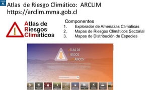 Atlas de Riesgo Climático: ARCLIM
https://arclim.mma.gob.cl
Componentes
1. Explorador de Amenazas Climáticas
2. Mapas de Riesgos Climáticos Sectorial
3. Mapas de Distribución de Especies
 