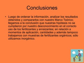 Conclusiones Luego de ordenar la información, analizar los resultados obtenidos y compararlos con nuestro Marco Teórico; llegamos a la conclusión que nuestras hipótesis no se cumplieron por nuestro desconocimiento en el correcto uso de los fertilizantes y enraizantes; en relación a momentos de aplicación, cantidades y además tampoco trabajamos con muestras de fertilizantes orgánicos; sólo utilizamos inorgánico. 