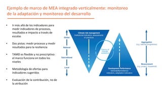 Ejemplo de marco de MEA integrado verticalmente: monitoreo
de la adaptación y monitoreo del desarrollo
• Ir más allá de los indicadores para
medir indicadores de procesos,
resultados e impacto a través de
escalas
• Dos pistas: medir procesos y medir
resultados para la resiliencia
• TAMD es flexible y no prescriptivo:
el marco funciona en todos los
niveles
• Metodología de ofertas para
indicadores sugeridos
• Evaluación de la contribución, no de
la atribución
 