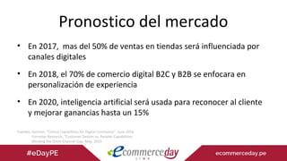 Pronostico del mercado
• En 2017, mas del 50% de ventas en tiendas será influenciada por
canales digitales
• En 2018, el 70% de comercio digital B2C y B2B se enfocara en
personalización de experiencia
• En 2020, inteligencia artificial será usada para reconocer al cliente
y mejorar ganancias hasta un 15%
Fuentes: Gartner, “Critical Capabilities for Digital Commerce”. June 2016
Forrester Research, “Customer Desires vs. Retailer Capabilities:
Minding the Omni-Channel Gap. May, 2015
 