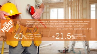 40%
Clientes compran
en linea y recogen
en tienda +21.5%
Incremento
annual de ventas
web
“Seguimos creyendo que la mezcla de los canales físicos y digitales en una
experiencia de usuario sin fisuras que llamamos minorista interconectado,
ofrece una oportunidad única para exponer el poder de Home Depot"
- Craig Menear. Home Depot Chairman & CEO
 