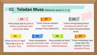 Tuhan mengundang Musa
bergabung dalam misi
Allah untuk menyelamatkan
Israel.
Tuhan berbicara kpd
Musa ttg tujuan &
rencana-Nya.
Musa tepat ada di jadwal,
waktu, pusat kerja dan
kehendak Allah.
Tuhan melakukan apa
yang ingin Dia
lakukan melalui
ketaatan Musa.
01 03
04 07
Musa pindah ke Mesir
di tempat Tuhan
sedang bekerja.
06
Musa mengajukan
banyak keberatan dan
ketidakmampuannya.
05
Tuhan masuk menjalin
relasi kasih
dengan Musa (berkali2).
02
02. Teladan Musa (Keluaran pasal 2, 3, 4)
 