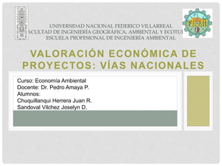 VALORACIÓN ECONÓMICA DE
PROYECTOS: VÍAS NACIONALES
UNIVERSIDAD NACIONAL FEDERICO VILLARREAL
FACULTAD DE INGENIERÍA GEOGRÁFICA, AMBIENTAL Y ECOTURISMO
ESCUELA PROFESIONAL DE INGENIERÍA AMBIENTAL
Curso: Economía Ambiental
Docente: Dr. Pedro Amaya P.
Alumnos:
Chuquillanqui Herrera Juan R.
Sandoval Vilchez Joselyn D.
 