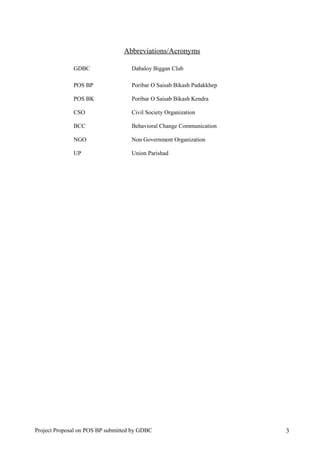 Abbreviations/Acronyms
GDBC Dabaloy Biggan Club
POS BP Poribar O Saisab Bikash Padakkhep
POS BK Poribar O Saisab Bikash Kendra
CSO Civil Society Organization
BCC Behavioral Change Communication
NGO Non Government Organization
UP Union Parishad
Project Proposal on POS BP submitted by GDBC 3
 
