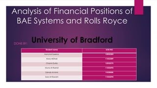 Analysis of Financial Positions of
BAE Systems and Rolls Royce
University of BradfordDONE BY:
UOB NOStudent name
12032303Aanchal Saxena
11033589Arwa AlDhali
12032275Charmi Dutia
11033592Muna Al Rashdi
11030090Zainab Al-Amri
11033594Sara Al Rawahi
 