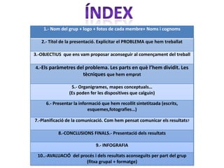 1.- Nom del grup + logo + fotos de cada membre+ Noms i cognoms

   2.- Títol de la presentació. Explicitar el PROBLEMA que hem treballat

3.-OBJECTIUS que ens vam proposar aconseguir al començament del treball

4.-Els paràmetres del problema. Les parts en què l’hem dividit. Les
                    tècniques que hem emprat

                 5.- Organigrames, mapes conceptuals…
                (Es poden fer les dispositives que calguin)

     6.- Presentar la informació que hem recollit sintetitzada (escrits,
                           esquemes,fotografies…)

7.-Planificació de la comunicació. Com hem pensat comunicar els resultats?

           8.-CONCLUSIONS FINALS.- Presentació dels resultats

                              9.- INFOGRAFIA

 10..-AVALUACIÓ del procés i dels resultats aconseguits per part del grup
                       (fitxa grupal + formatge)
 