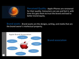 Perceived Quality - Apple iPhones are renowned
for their quality. Consumers can see and feel it, with
time this gets them to trust the brand and lead to
better brand equity.
• Brand association
• Brand assets - Brand assets are the designs, writing, and media that are
the brand owner’s intellectual property.
 
