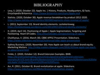 BIBLIOGRAPHY
• Levy, S. (2020, October 22). Apple Inc. | History, Products, Headquarters, & Facts.
Encyclopedia Britannica. https://www.britannica.com/topic/Apple-Inc4
• Statista. (2020, October 30). Apple revenue breakdown by product 2012-2020.
https://www.statista.com/statistics/382260/segments-share-revenue-of-apple/
• L. (2013, September 13). Brand identity elements. Lesliekorteweg.
https://lesliekorteweg.wordpress.com/2013/09/13/brand-identity-elements/
• H. (2019, April 14). Positioning of Apple | Apple Segmentation, Targeting and
Positioning. Heart Of Codes. http://heartofcodes.com/positioning-of-apple/
• Chaithanya, V. (2016, March 30). CBBE APPLE Presentation. Slideshare.
https://www.slideshare.net/VinayChaithanya/cbbe-apple-presentation
• Sydney Business. (2020, November 20). How Apple can teach us about brand equity.
Marketing Matters. http://mktg-matters.blogspot.com/2016/10/how-apple-can-teach-
us-about-brand.html
• Finkle, C. (2020, October 12). Brand Extension Examples. BMB.
https://brandmarketingblog.com/articles/good-branding/brand-extension-
examples/#:%7E:text=Brand%20extensions%20%2F%20category%20extensions%20sho
uld,Apple’s%20sales%20come%20from%20iPhone.
• Asr, R. (2011, October 8). Brand revitalization at apple. Slideshare.
https://www.slideshare.net/RbkAsr/brand-revitalization-atapple
 