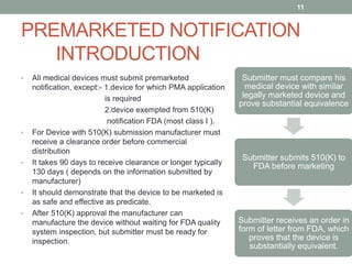PREMARKETED NOTIFICATION
INTRODUCTION
Submitter must compare his
medical device with similar
legally marketed device and
prove substantial equivalence
Submitter submits 510(K) to
FDA before marketing
Submitter receives an order in
form of letter from FDA, which
proves that the device is
substantially equivalent.
• All medical devices must submit premarketed
notification, except:- 1.device for which PMA application
is required
2.device exempted from 510(K)
notification FDA (most class I ).
• For Device with 510(K) submission manufacturer must
receive a clearance order before commercial
distribution
• It takes 90 days to receive clearance or longer typically
130 days ( depends on the information submitted by
manufacturer)
• It should demonstrate that the device to be marketed is
as safe and effective as predicate.
• After 510(K) approval the manufacturer can
manufacture the device without waiting for FDA quality
system inspection, but submitter must be ready for
inspection.
11
 