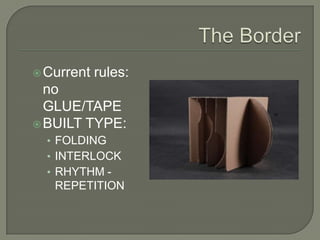  Current   rules:
  no
  GLUE/TAPE
 BUILT TYPE:
  • FOLDING
  • INTERLOCK
  • RHYTHM -
   REPETITION
 