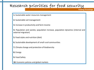 Feeding Knowledge Research priorities for food security 1.  Sustainable water resources management 2.  Sustainable soil ma...