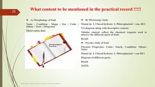 What content to be mentioned in the practical record !!!!!
 A) Morphology of fruit
Name : Condition : Shape : Size : Color :
Odour : Taste : (Diagram)
Observation data
 B) Microscopy study
Mount in: 1. Choral hydrate: 2. Phloroglucinol + con. HCl
T.S diagram along with descriptive content.
Tabular content reflect the chemical reagents used to
observe the different parts of fruit.
Result
 Powder study of fruit
Physical Properties: Color: Touch: Condition: Odour:
Taste:
Mount in: 1. Choral hydrate: 2. Phloroglucinol + con HCl
Diagram of different parts .
Result
NOTE:
Sonia Singh, Assistant Professor, IPR, GLA University, Mathura
20
 