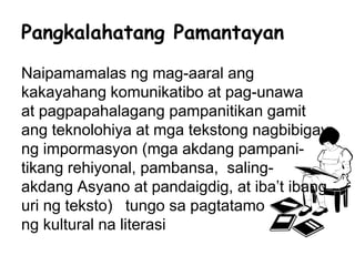 Naipamamalas ng mag-aaral ang
kakayahang komunikatibo at pag-unawa
at pagpapahalagang pampanitikan gamit
ang teknolohiya at mga tekstong nagbibigay
ng impormasyon (mga akdang pampani-
tikang rehiyonal, pambansa, saling-
akdang Asyano at pandaigdig, at iba’t ibang
uri ng teksto) tungo sa pagtatamo
ng kultural na literasi
Pangkalahatang Pamantayan
 