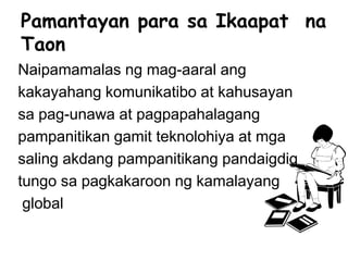 Naipamamalas ng mag-aaral ang
kakayahang komunikatibo at kahusayan
sa pag-unawa at pagpapahalagang
pampanitikan gamit teknolohiya at mga
saling akdang pampanitikang pandaigdig
tungo sa pagkakaroon ng kamalayang
global
Pamantayan para sa Ikaapat na
Taon
 