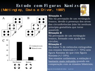 14-07-10 Faculdade de Psicologia da Universidade de Lisboa Estudo com Figuras Kanizsa (Mattingley, Davis e Driver, 1997) Situação A Não há percepção de um rectângulo branco, devido à presença dos arcos das circunferências (não há nenhum princípio gestaltista que torne possível); Situação B Há percepção de um rectângulo branco, formado com ajuda dos círculos; Situação C Há maior % de estímulos extinguidos nos ensaios bilaterais (+/- 70%) sem figura Kanizsa do que com figura Kanizsa (+/-10%). Nos ensaios unilaterais, a extinção é  bastante mais reduzida  quando em comparação com os ensaios bilaterais;  