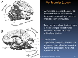   Vuilleumier (2000) As faces são menos extinguidas do que outras classes de estímulos (apesar de estas poderem em certa medida serem extinguidas); Faces apresentadas à direita levaram a maior extinção dos estímulos contralesionais do que outros estímulos à direita : Justificações:  Significado biológico ; existência de neurónios especializados, no córtex fusiforme, para responder a estes tipo de estímulo; 14-07-10 Faculdade de Psicologia da Universidade de Lisboa 