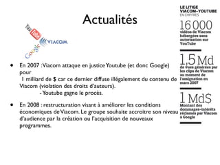 Actualités


•   En 2007 : Viacom attaque en justice Youtube (et donc Google)
    pour
     1 milliard de $ car ce dernier diffuse illégalement du contenu de
    Viacom (violation des droits d’auteurs).
              - Youtube gagne le procès.

•   En 2008 : restructuration visant à améliorer les conditions
    économiques de Viacom. Le groupe souhaite accroitre son niveau
    d’audience par la création ou l’acquisition de nouveaux
    programmes.
 