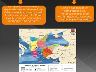 La supervivencia de Roma
                                      Oriente disponía de los
dependía de la supervivencia de
                                        patriarcados de la
Oriente, mientras que no sucedía
                                      Pentarquía menos el de
 lo mismo a la inversa. Así, Roma
                                    Roma (Alejandría, Antioquia,
  fue abandonada a su suerte y
                                    Constantinopla y Jerusalén).
    sacrificada a los bárbaros.
 