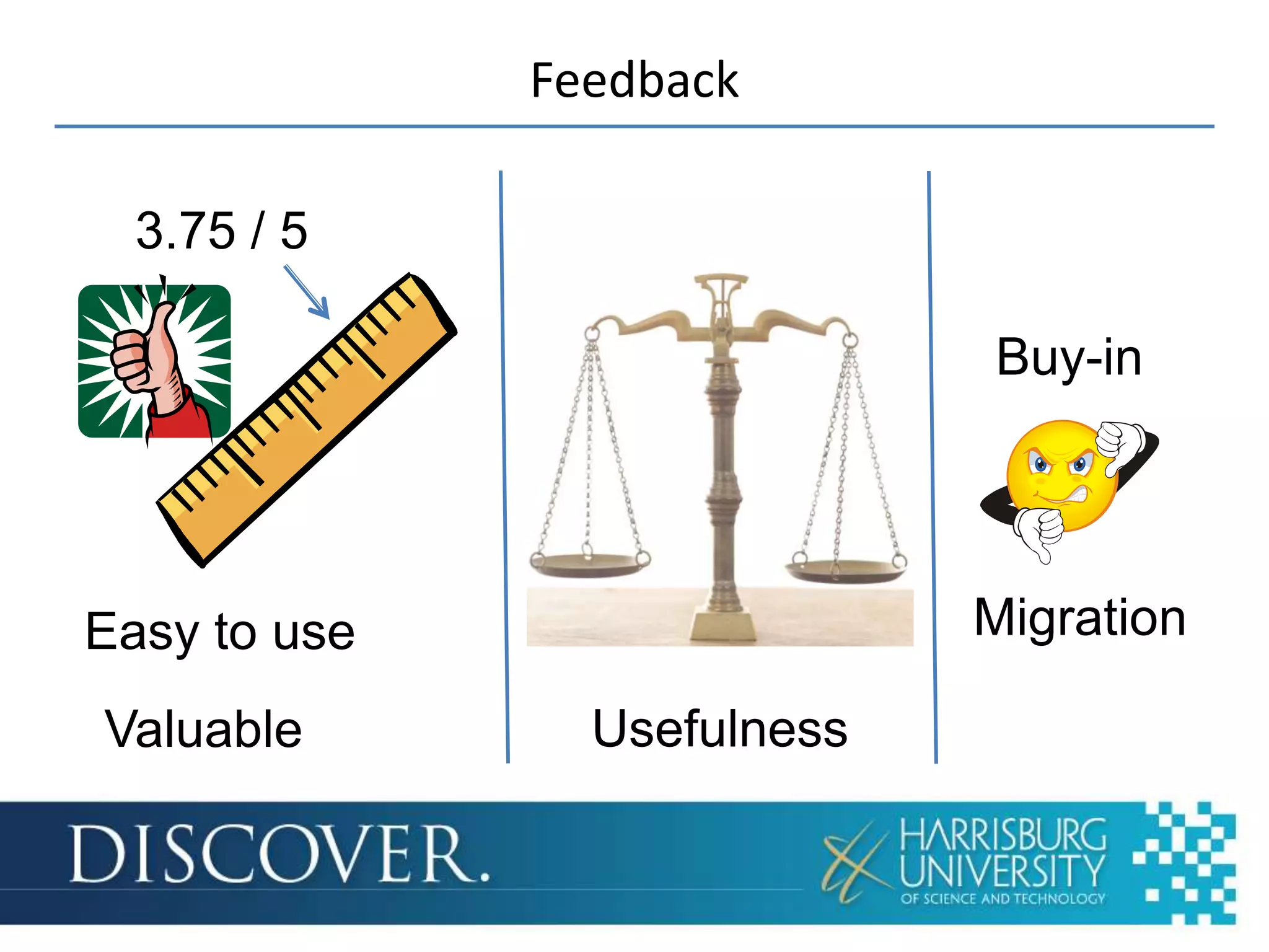 Feedback

  3.75 / 5

                             Buy-in




Easy to use                  Migration

Valuable        Usefulness
 