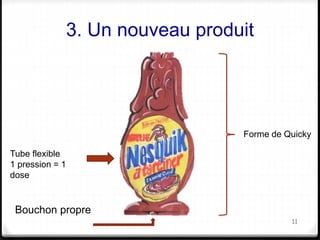 3. Un nouveau produit 
11 
Tube flexible 
1 pression = 1 
dose 
Bouchon propre 
Forme de Quicky 
 