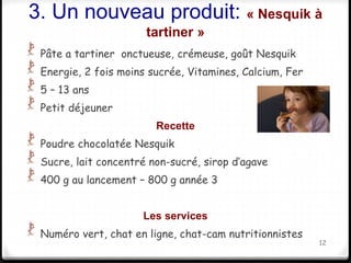 3. Un nouveau produit: « Nesquik à 
tartiner » 
Pâte a tartiner onctueuse, crémeuse, goût Nesquik 
Energie, 2 fois moins sucrée, Vitamines, Calcium, Fer 
5 – 13 ans 
Petit déjeuner 
Recette 
Poudre chocolatée Nesquik 
Sucre, lait concentré non-sucré, sirop d’agave 
400 g au lancement – 800 g année 3 
Les services 
Numéro vert, chat en ligne, chat-cam nutritionnistes 
12 
 
