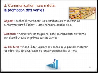 d. Communication hors média : 
la promotion des ventes 
Objectif Toucher directement les distributeurs et inciter les 
consommateurs à l’achat -> atteindre une double cible 
Comment ? Animations en magasins, bons de réduction, ristourne 
aux distributeurs et primes sur les ventes 
Quelle durée ? Planifié sur la première année pour pouvoir mesurer 
les résultats obtenus avant de lancer de nouvelles actions 
25 
 