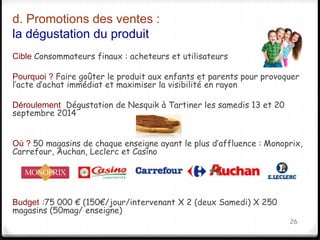 d. Promotions des ventes : 
la dégustation du produit 
Cible Consommateurs finaux : acheteurs et utilisateurs 
Pourquoi ? Faire goûter le produit aux enfants et parents pour provoquer 
l’acte d’achat immédiat et maximiser la visibilité en rayon 
Déroulement Dégustation de Nesquik à Tartiner les samedis 13 et 20 
septembre 2014 
Où ? 50 magasins de chaque enseigne ayant le plus d’affluence : Monoprix, 
Carrefour, Auchan, Leclerc et Casino 
Budget :75 000 € (150€/jour/intervenant X 2 (deux Samedi) X 250 
magasins (50mag/ enseigne) 
26 
 