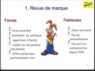1. Revue de marque 
Faiblesses 
Cible restreinte 
Peu de 
renouvellement 
Peu actif en 
communication 
depuis 2010 
5 
Forces 
Forte notoriété 
Sentiment de confiance 
Appartient à Nestlé 
Leader sur les poudres 
chocolatées 
Offre variée mais 
positionnement clair 
 