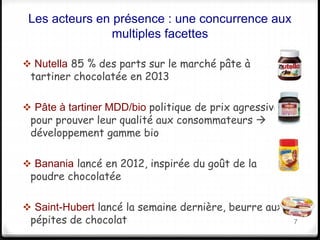 Les acteurs en présence : une concurrence aux 
multiples facettes 
 Nutella 85 % des parts sur le marché pâte à 
tartiner chocolatée en 2013 
 Pâte à tartiner MDD/bio politique de prix agressive, 
pour prouver leur qualité aux consommateurs  
développement gamme bio 
 Banania lancé en 2012, inspirée du goût de la 
poudre chocolatée 
 Saint-Hubert lancé la semaine dernière, beurre aux 
pépites de chocolat 7 
 