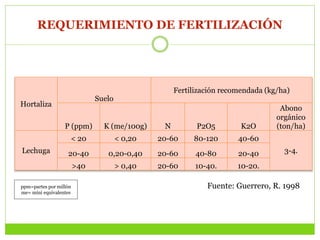REQUERIMIENTO DE FERTILIZACIÓN
Hortaliza
Suelo
Fertilización recomendada (kg/ha)
P (ppm) K (me/100g) N P2O5 K2O
Abono
orgánico
(ton/ha)
Lechuga
< 20 < 0,20 20-60 80-120 40-60
3-4.20-40 0,20-0,40 20-60 40-80 20-40
>40 > 0,40 20-60 10-40. 10-20.
Fuente: Guerrero, R. 1998ppm=partes por millón
me= mini equivalentes
 