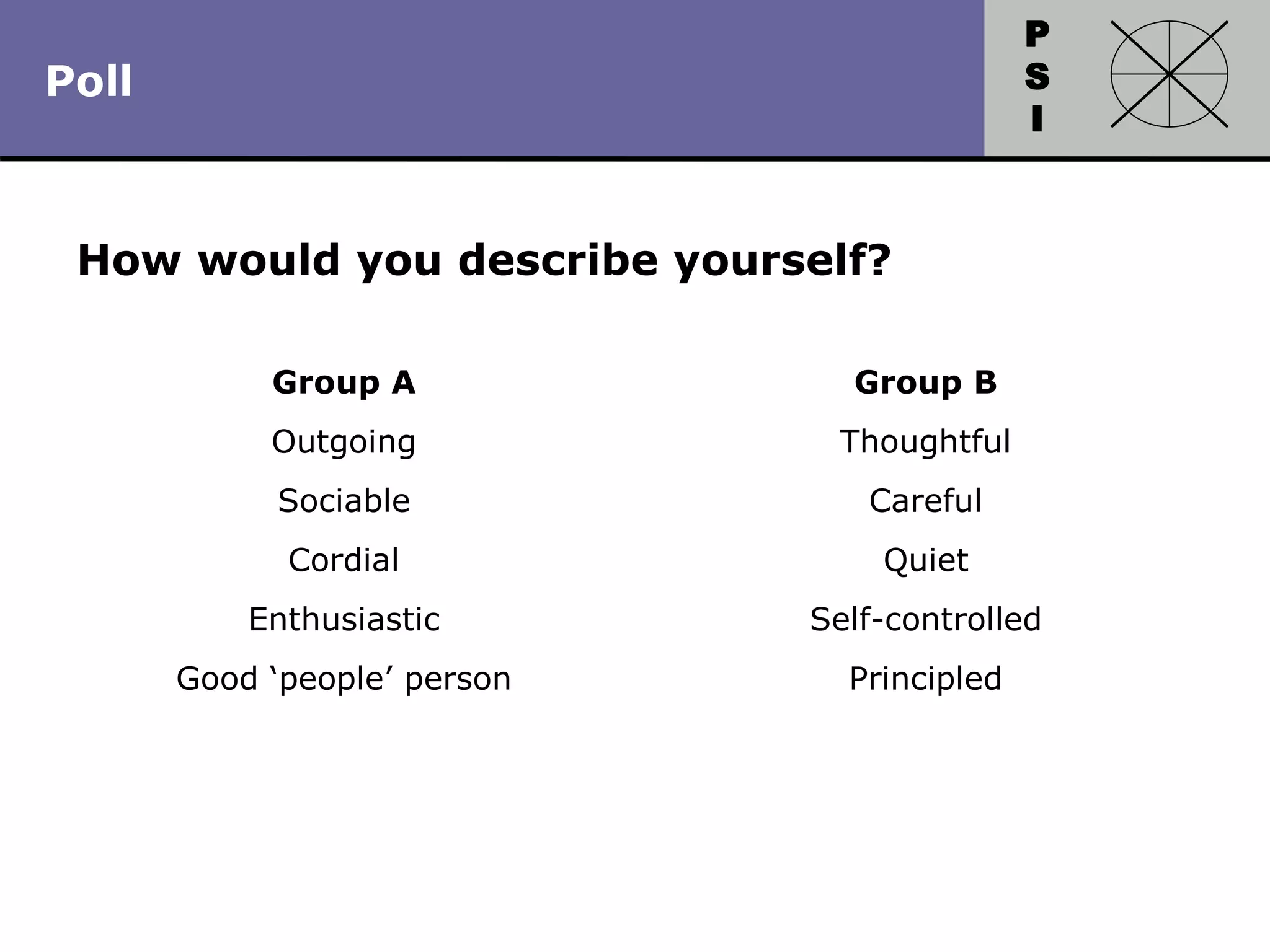 P
S
I
Copyright 2010 by HRDQ. All rights reserved.
Not for resale. www.hrdq.com
How would you describe yourself?
Group A
Outgoing
Sociable
Cordial
Enthusiastic
Good ‘people’ person
Group B
Thoughtful
Careful
Quiet
Self-controlled
Principled
Poll
 