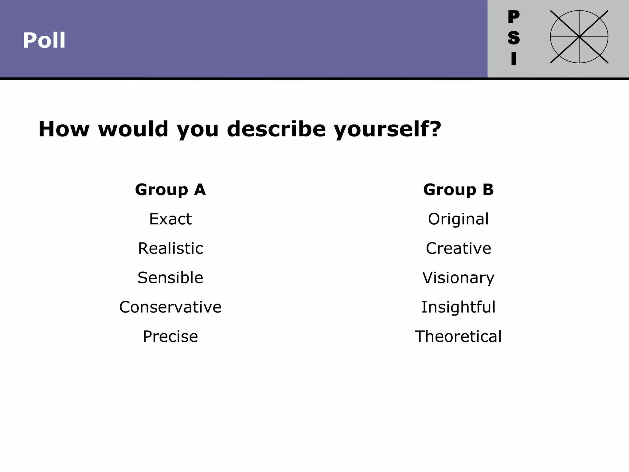 P
S
I
Copyright 2010 by HRDQ. All rights reserved.
Not for resale. www.hrdq.com
How would you describe yourself?
Group A
Exact
Realistic
Sensible
Conservative
Precise
Group B
Original
Creative
Visionary
Insightful
Theoretical
Poll
 