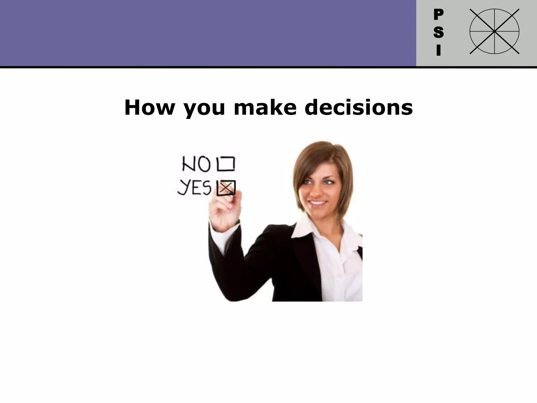 P
S
I
Copyright 2010 by HRDQ. All rights reserved.
Not for resale. www.hrdq.com
How you make decisions
 